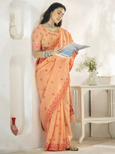 Attractive Orange Digital Printed Linen Event Wear Saree With Blouse