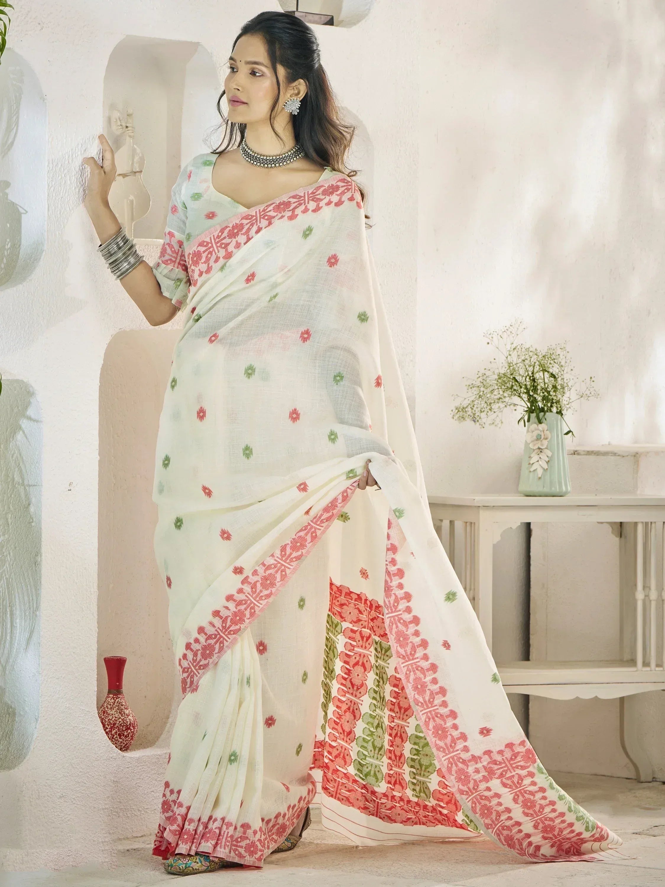 White saree with red and green floral print, ethnic Indian wear for women
