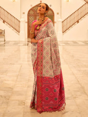 Stunning Off-White Patola Printed Silk Traditional Saree With Blouse