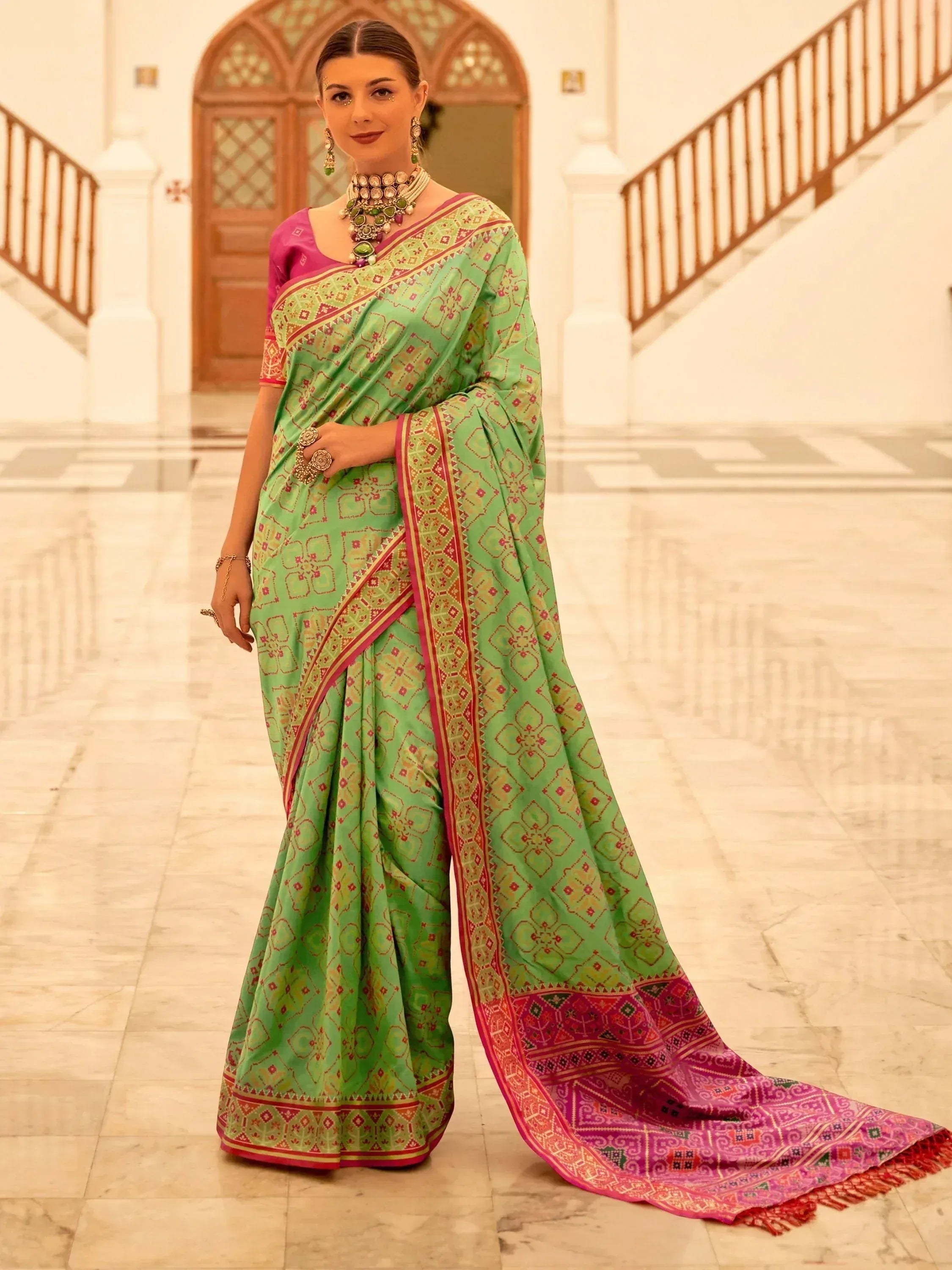 Green printed saree with pink border, ethnic wear for women, traditional Indian designer saree