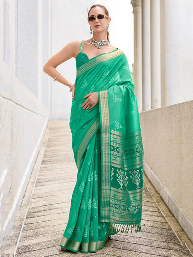 Stunning Teal Green Zari Weaving Silk Event Wear Saree With Blouse