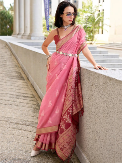Astonishing Pink Zari Weaving Silk Casual Wear Saree With Blouse