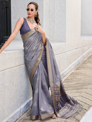 Awesome Grey Zari Weaving Silk Traditional Saree With Blouse