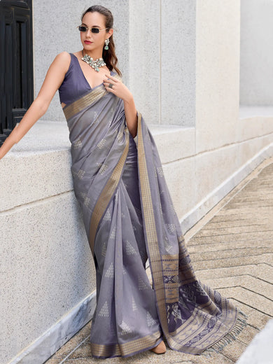 Awesome Grey Zari Weaving Silk Traditional Saree With Blouse