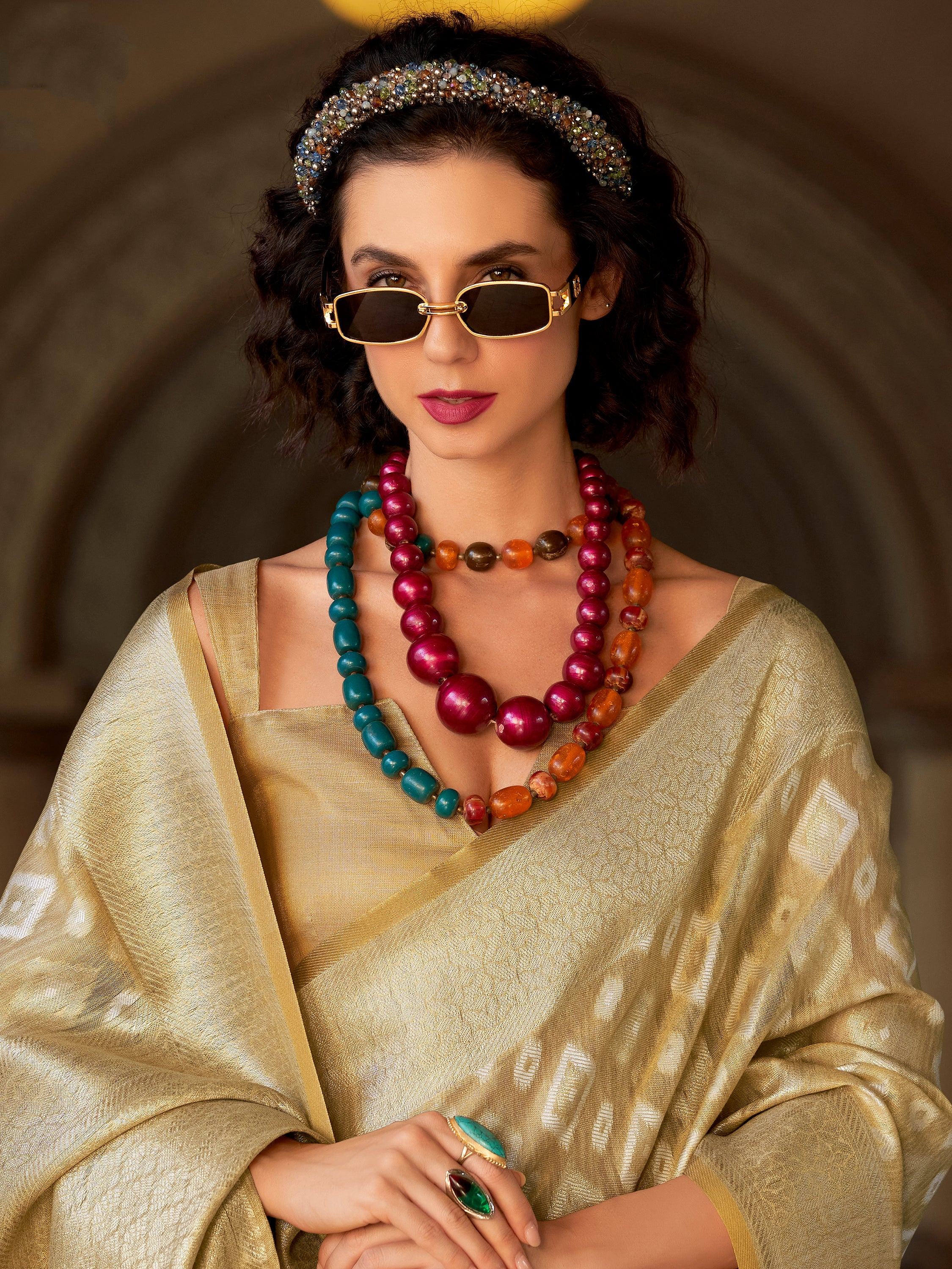 Alluring Beige Zari Weaving Silk Casual Wear Saree With Blouse
