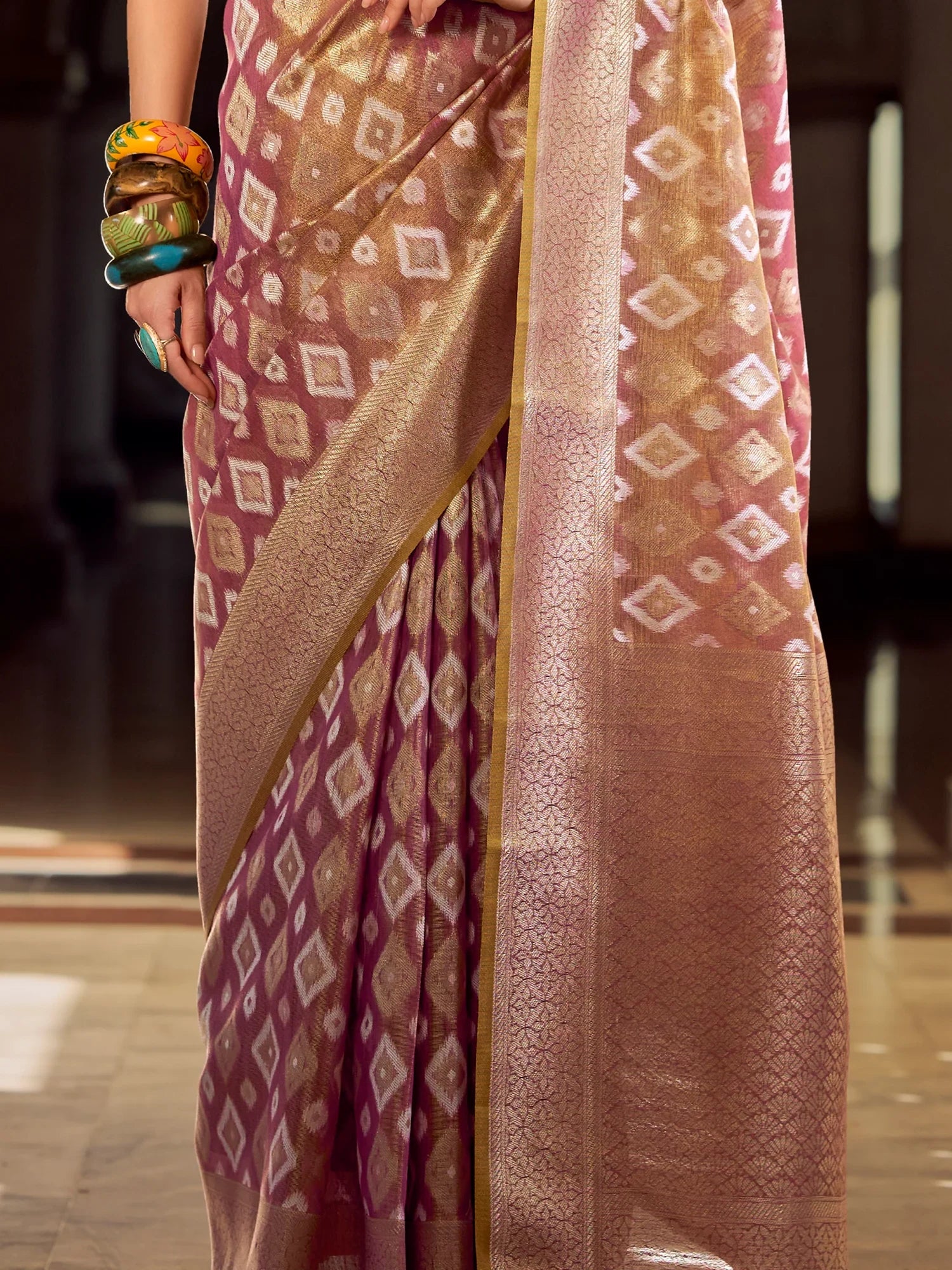 Fascinating Dusty Purple Zari Weaving Silk Festival Wear Saree