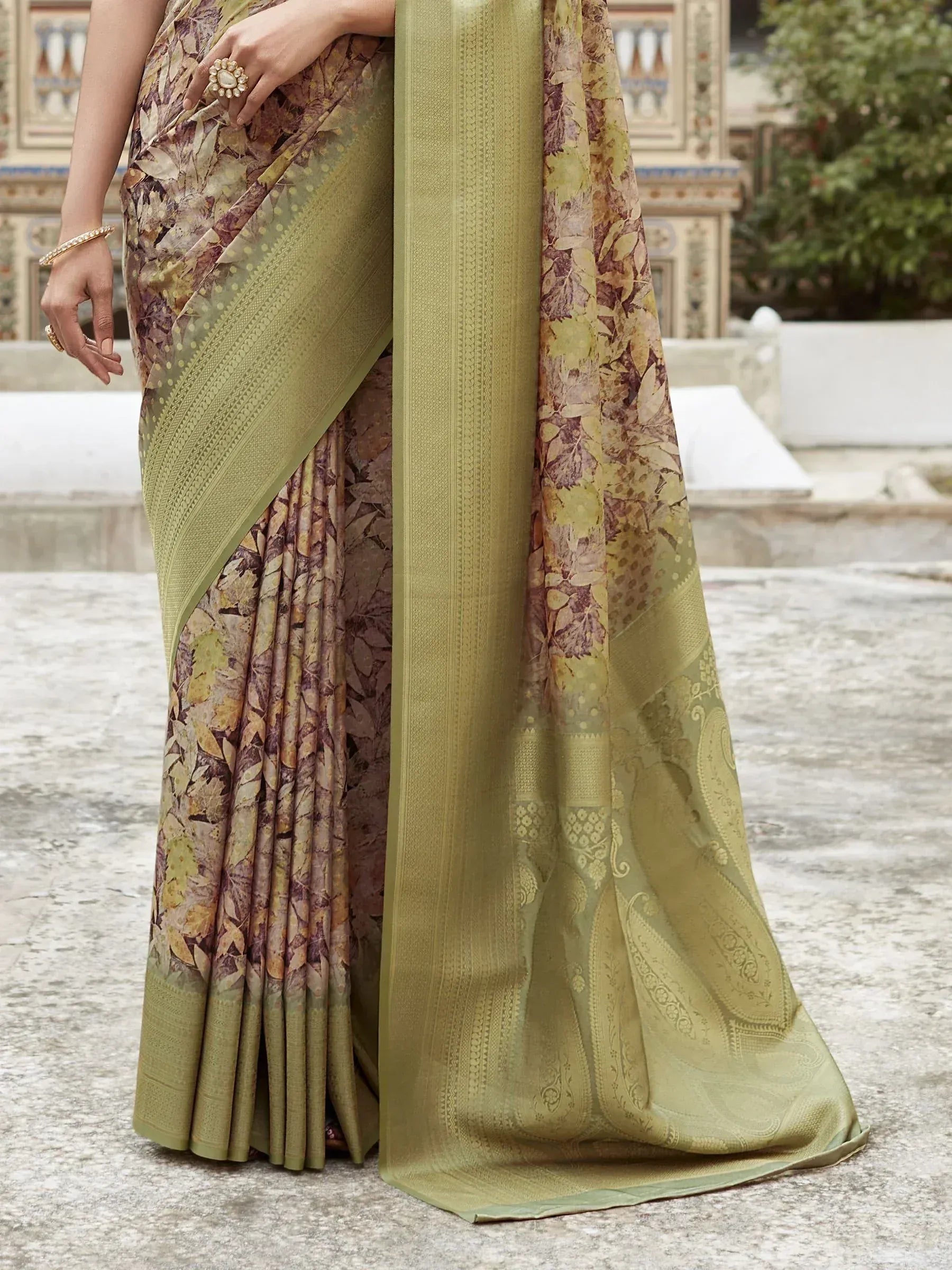 Olive green saree with leaf print and woven border, Indian ethnic wear for women