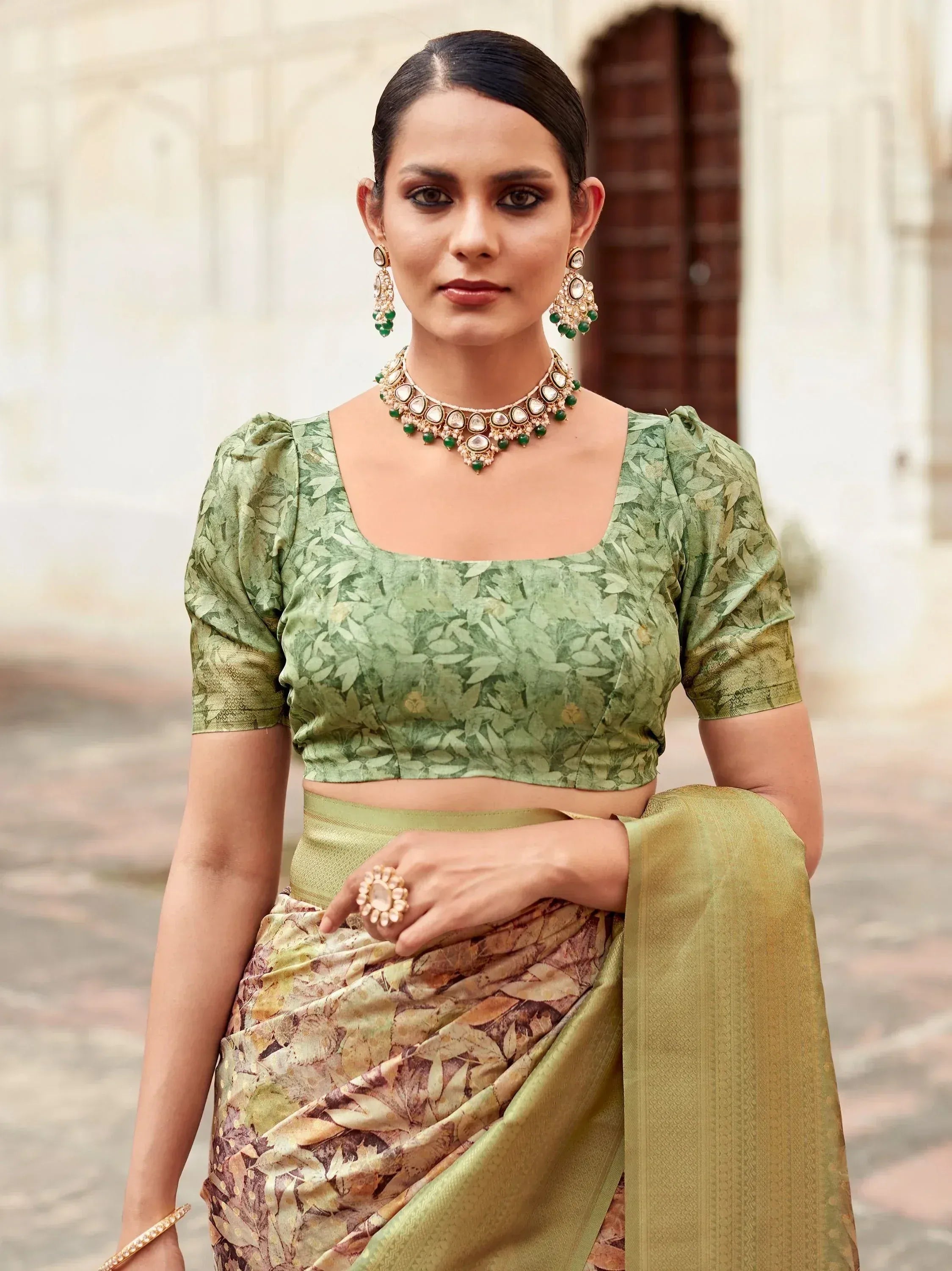 Green leaf print saree with puff sleeve blouse, traditional Indian ethnic wear for women