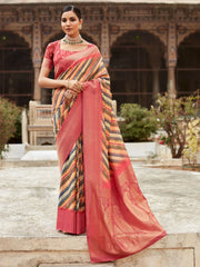 Attractive Multi-Color Printed Tissue Silk Traditional Saree With Blouse