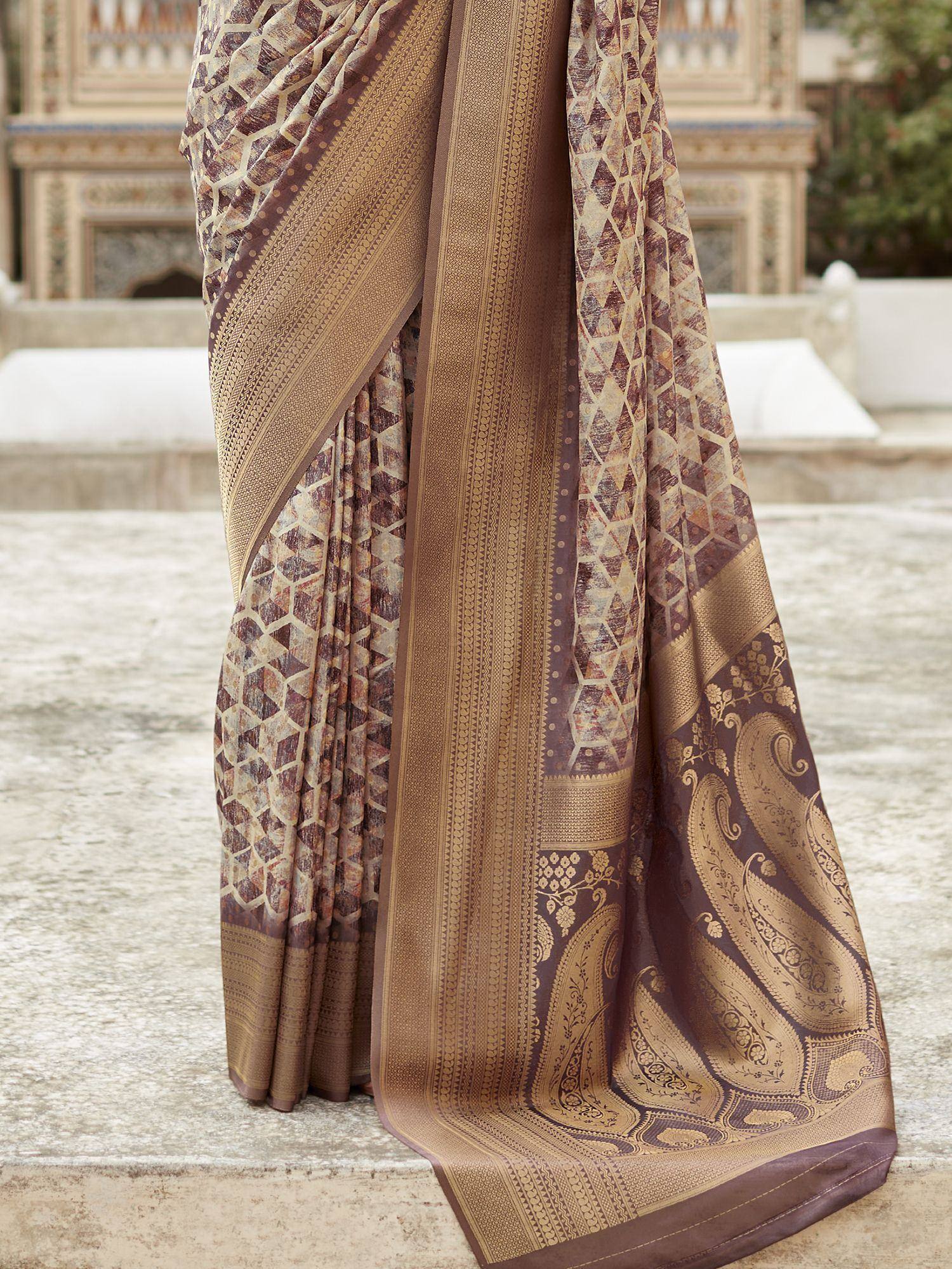 Brown and gold printed saree with paisley border, ethnic Indian wear for women