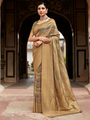 Marvelous Olive Green Digital Printed Tissue Silk Traditional Saree