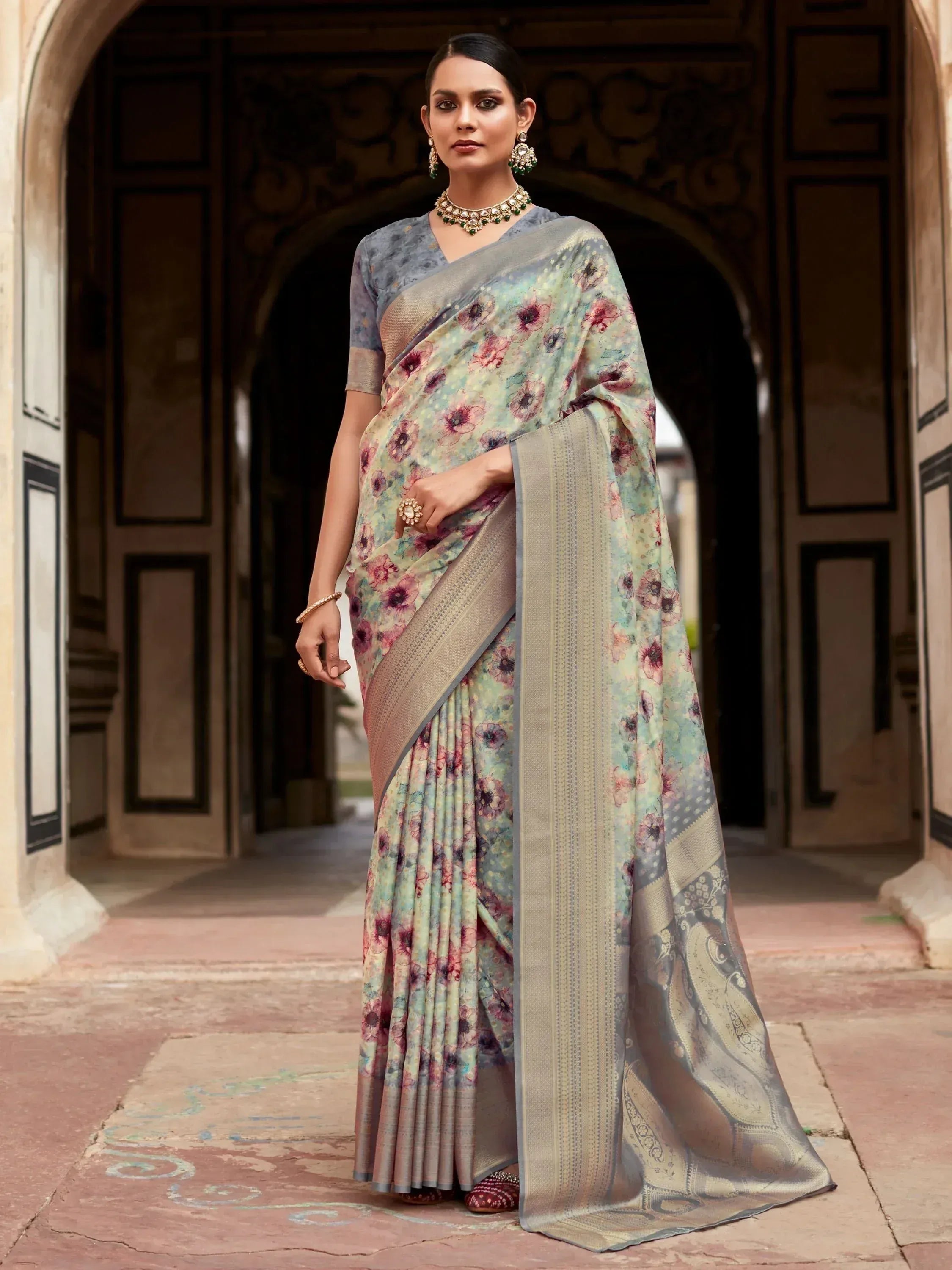 Floral print saree with gold border, Indian ethnic wear for women, stylish designer saree