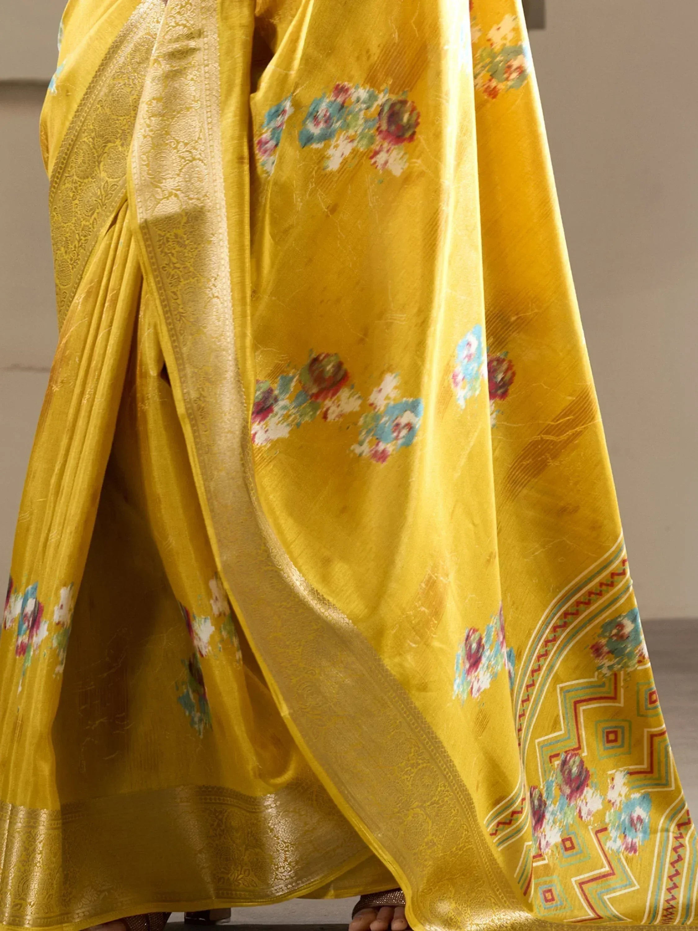 Yellow floral printed saree with golden border, Indian ethnic wear