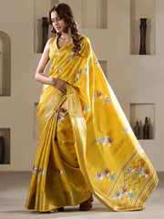 Gorgeous Mustard Color Zari Woven Silk Haldi Wear Saree With Blouse