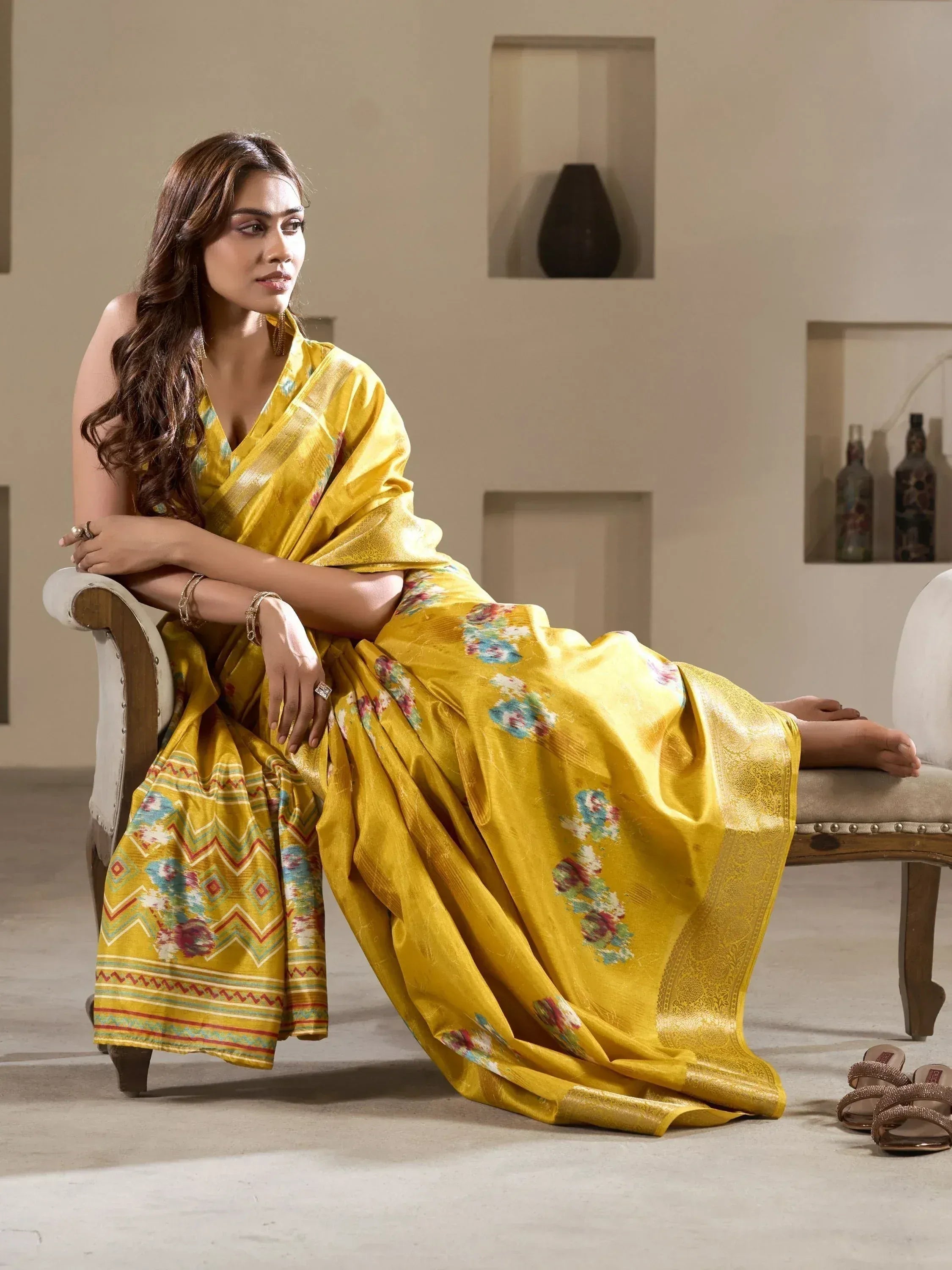 Yellow floral saree with geometric border, Indian ethnic wear for women