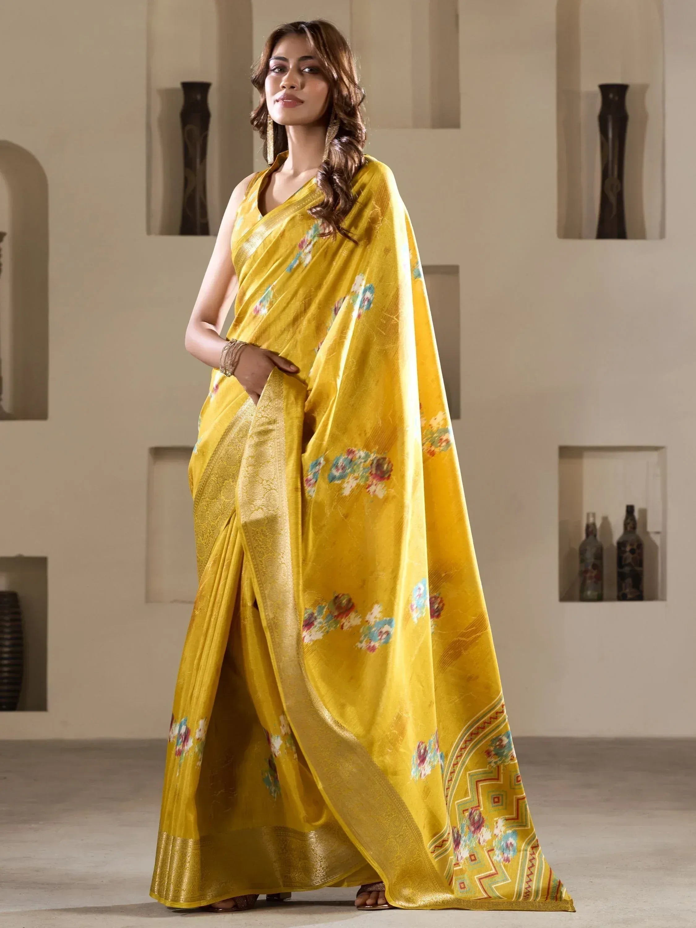 Yellow floral saree with gold border, Indian ethnic wear for women