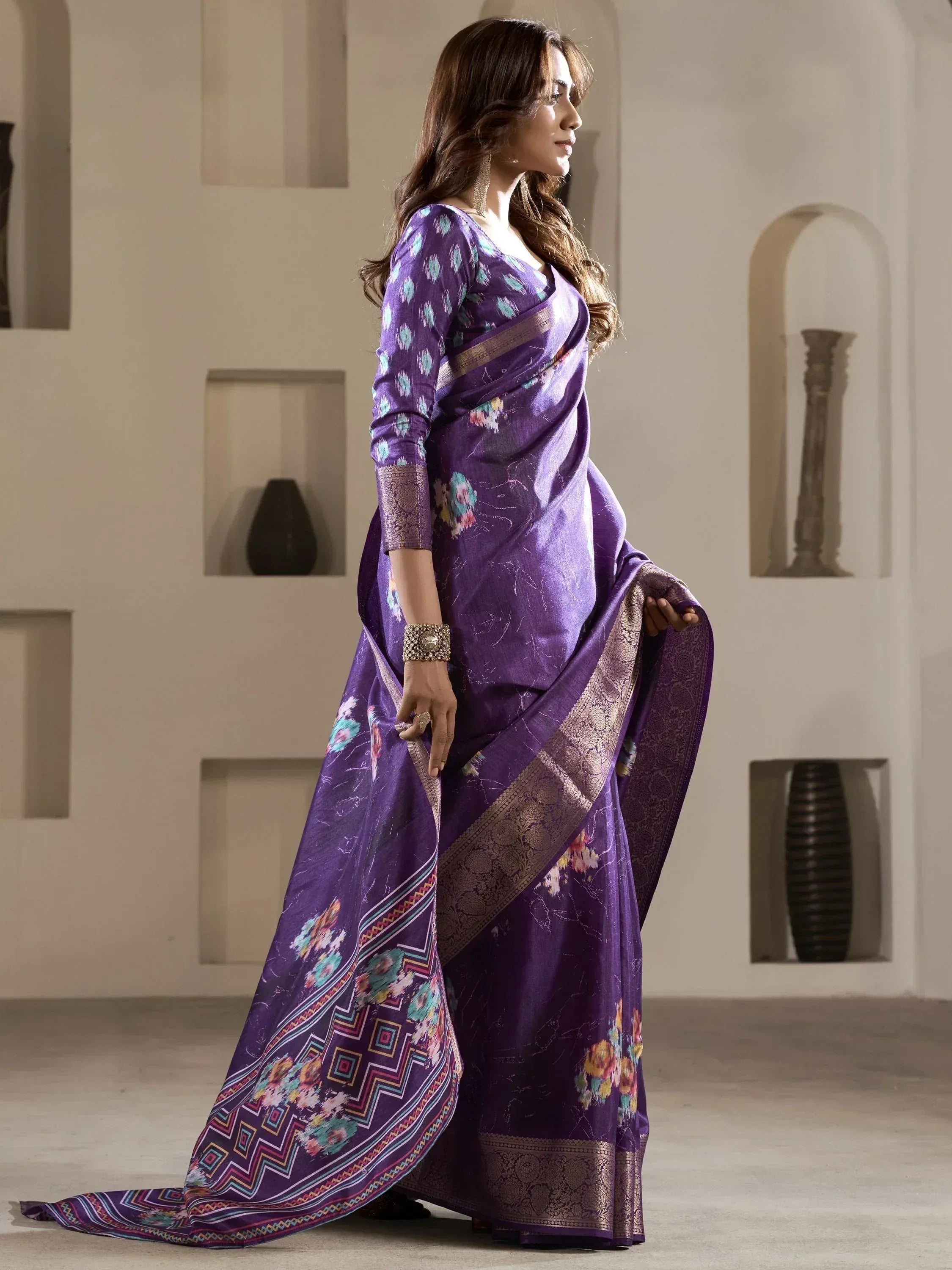 Purple floral saree with gold border, ethnic Indian wear for women