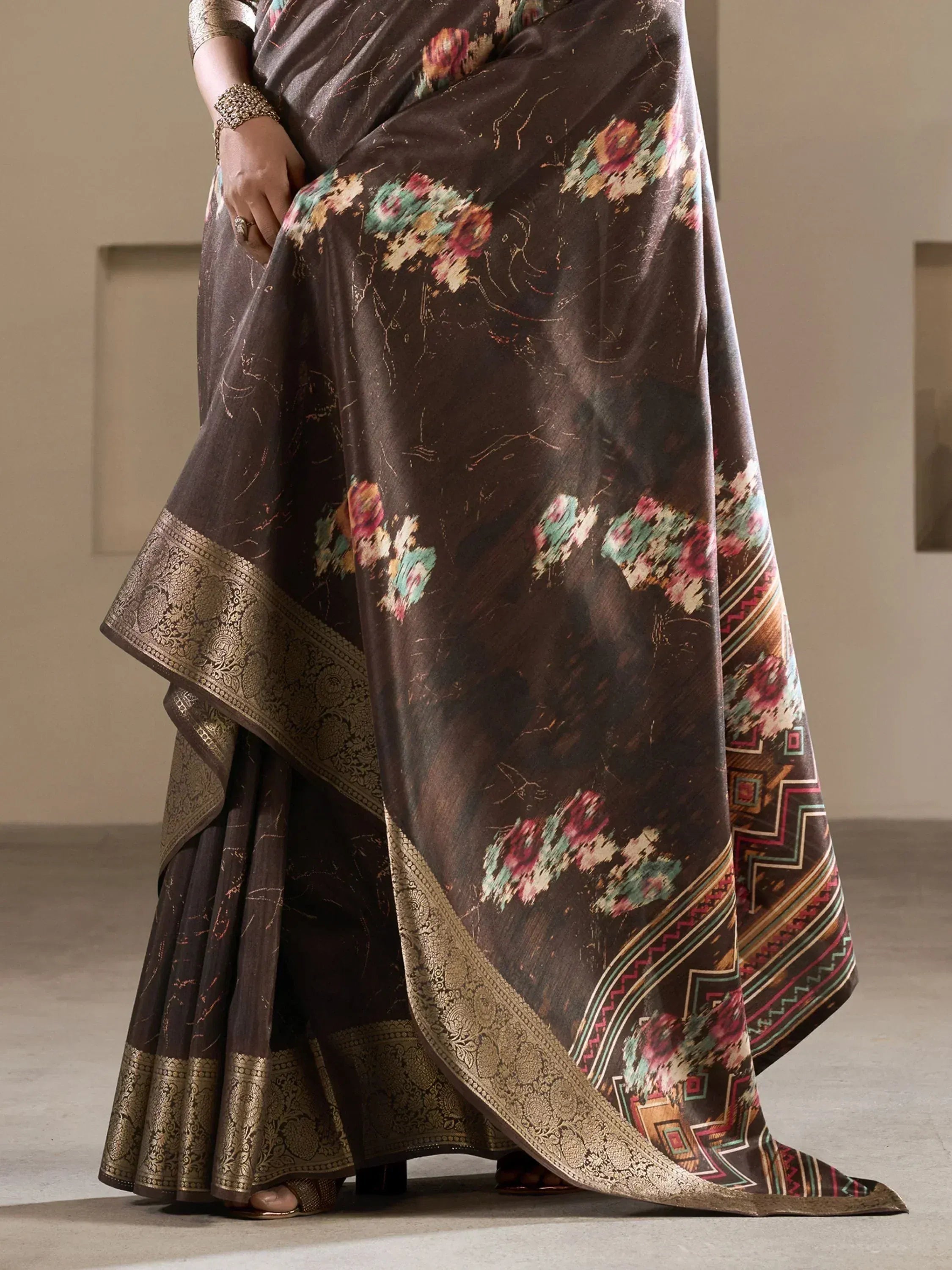 Brown floral printed saree with golden border, Indian ethnic wear for women