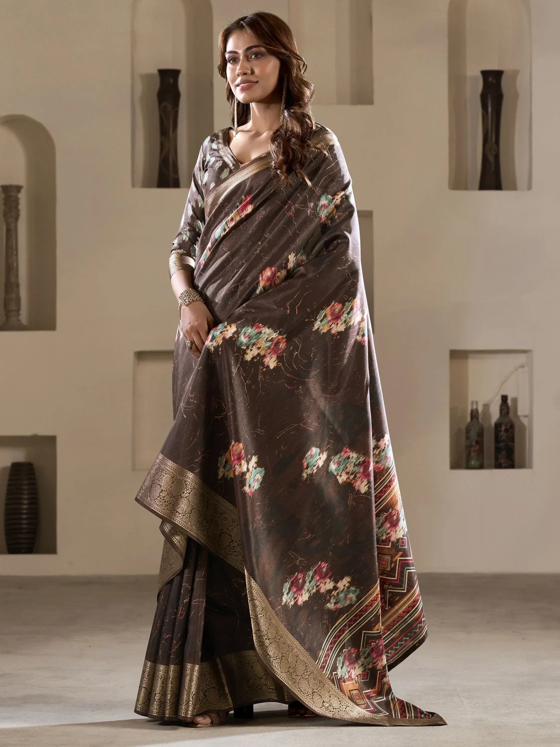 Brown floral printed saree with gold border, Indian ethnic wear for women