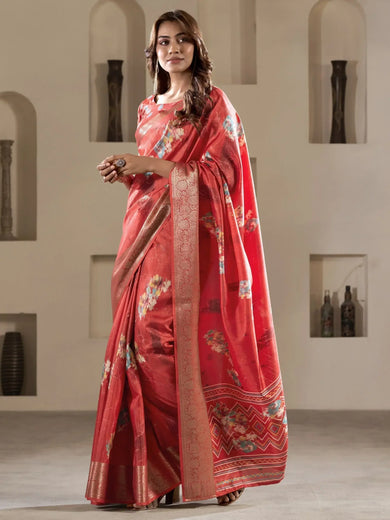 Desirable Coral Red Zari Woven Silk Function Wear Saree With Blouse