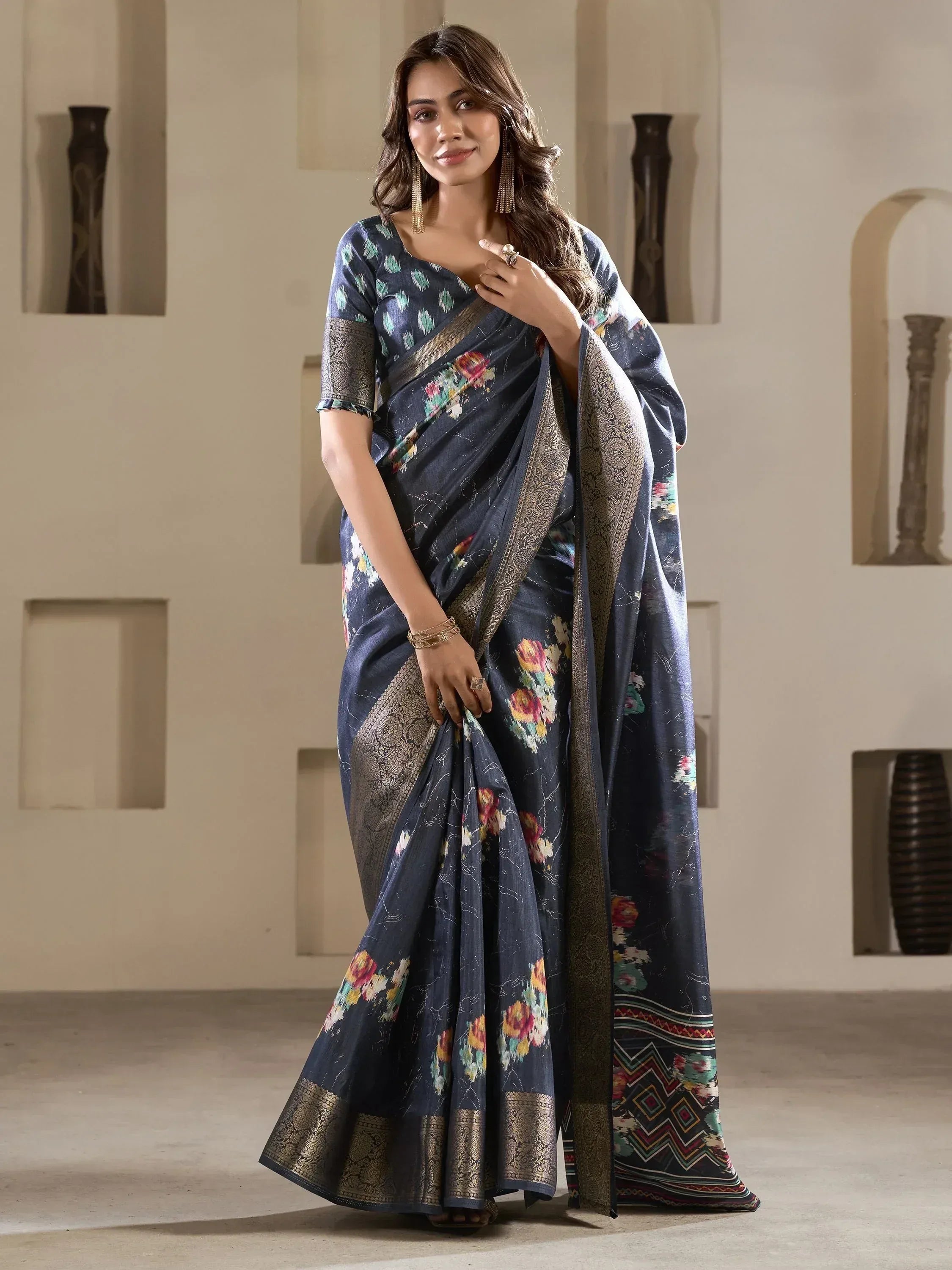Woman in navy blue floral saree with gold border, Indian ethnic wear for women