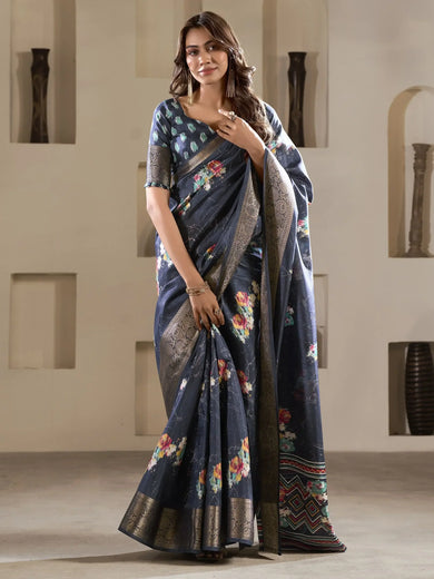 Bewitching Navy Blue Zari Woven Silk Event Wear Saree With Blouse