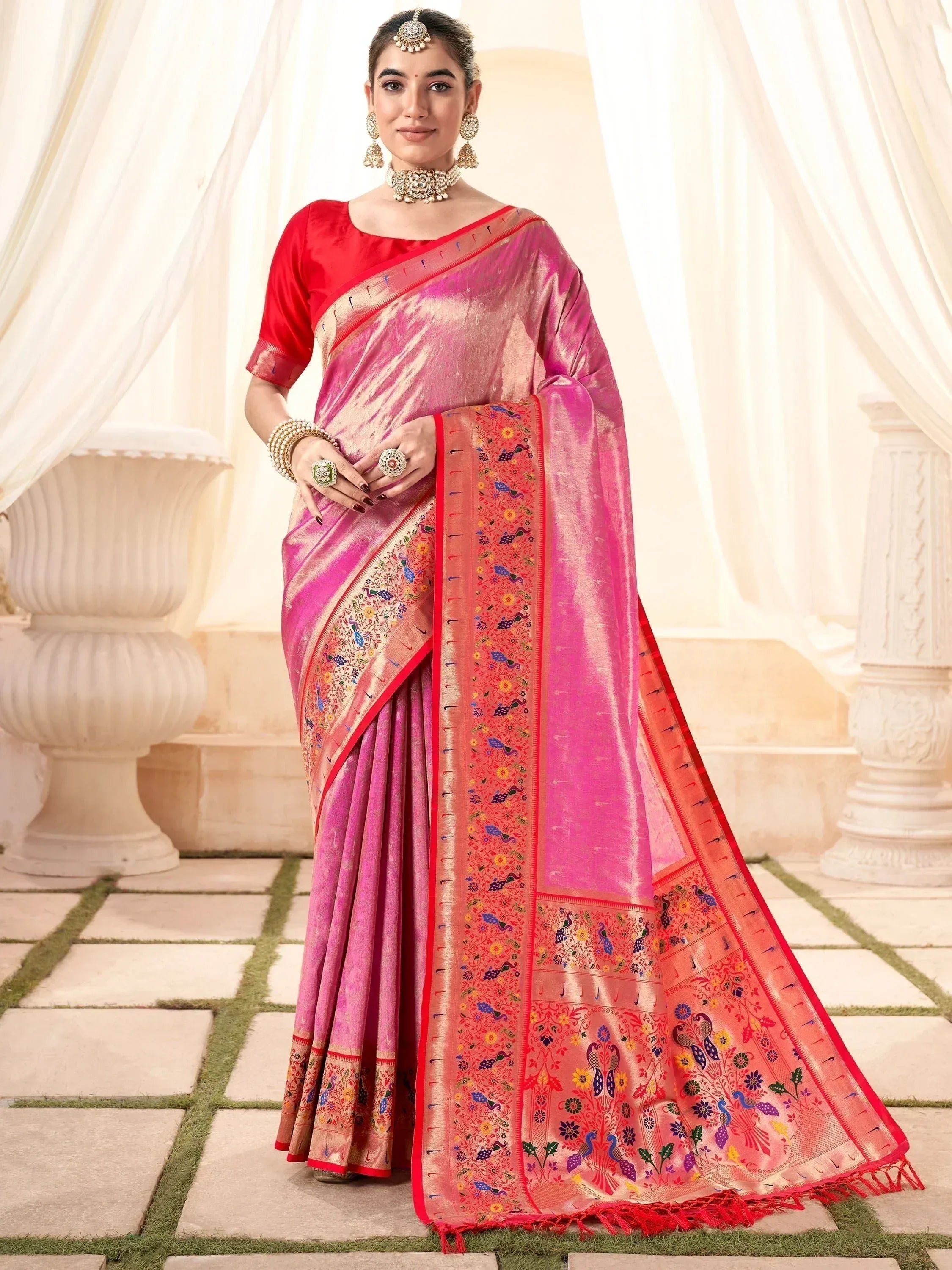 Pink and red designer saree with peacock embroidery, perfect for Indian ethnic wear occasions