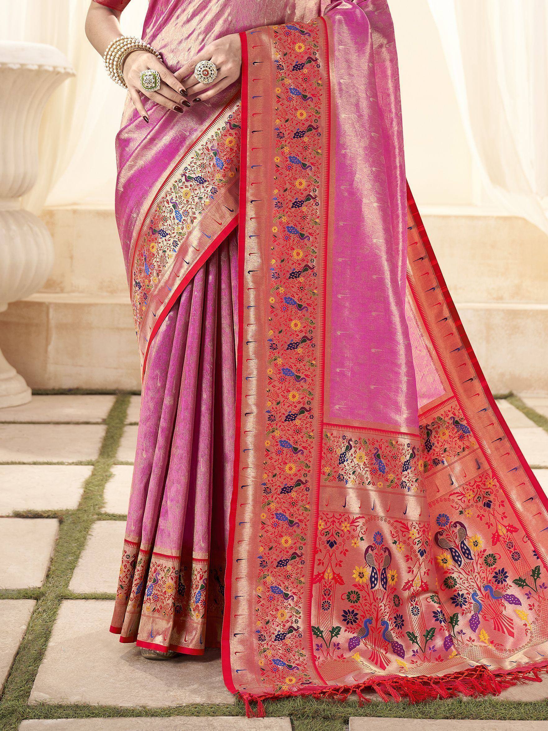 Pink silk saree with peacock and floral embroidery, perfect for Indian ethnic wear occasions