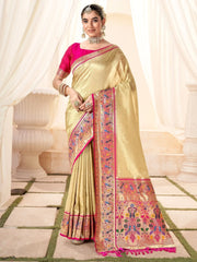 Captivating Beige Zari Weaving Silk Wedding Paithani Saree With Blouse