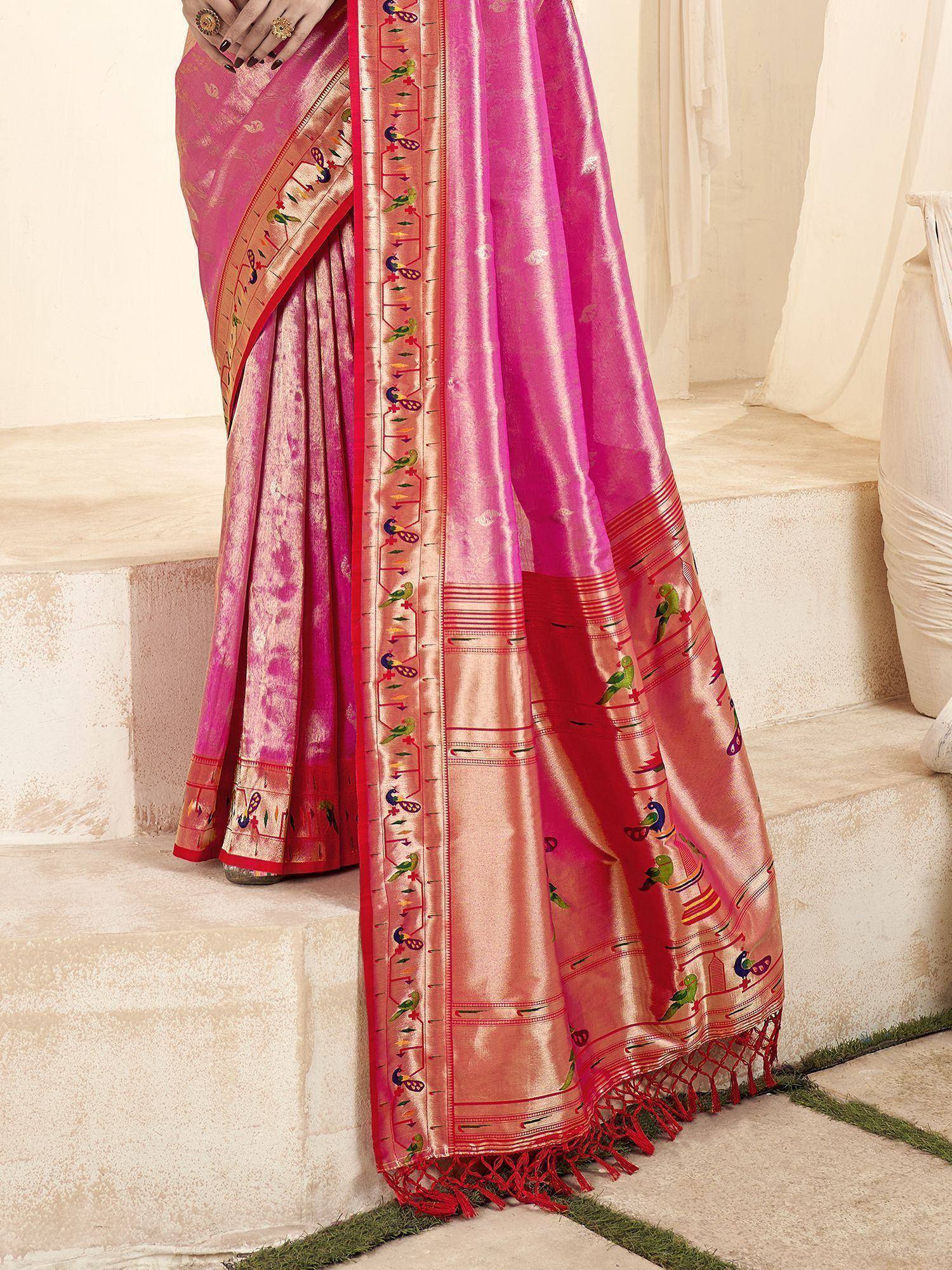 Pink silk saree with colorful bird embroidery and red border, perfect for Indian ethnic wear occasions
