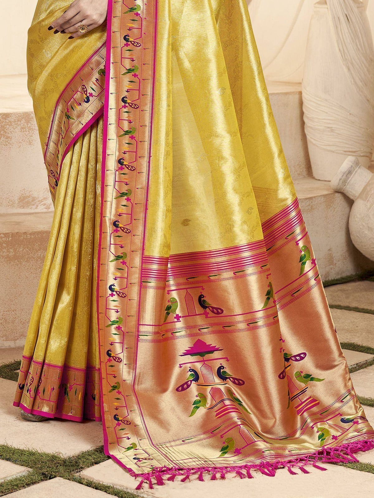 Yellow silk saree with peacock & bird motifs, pink border, and tassels – Indian ethnic wear