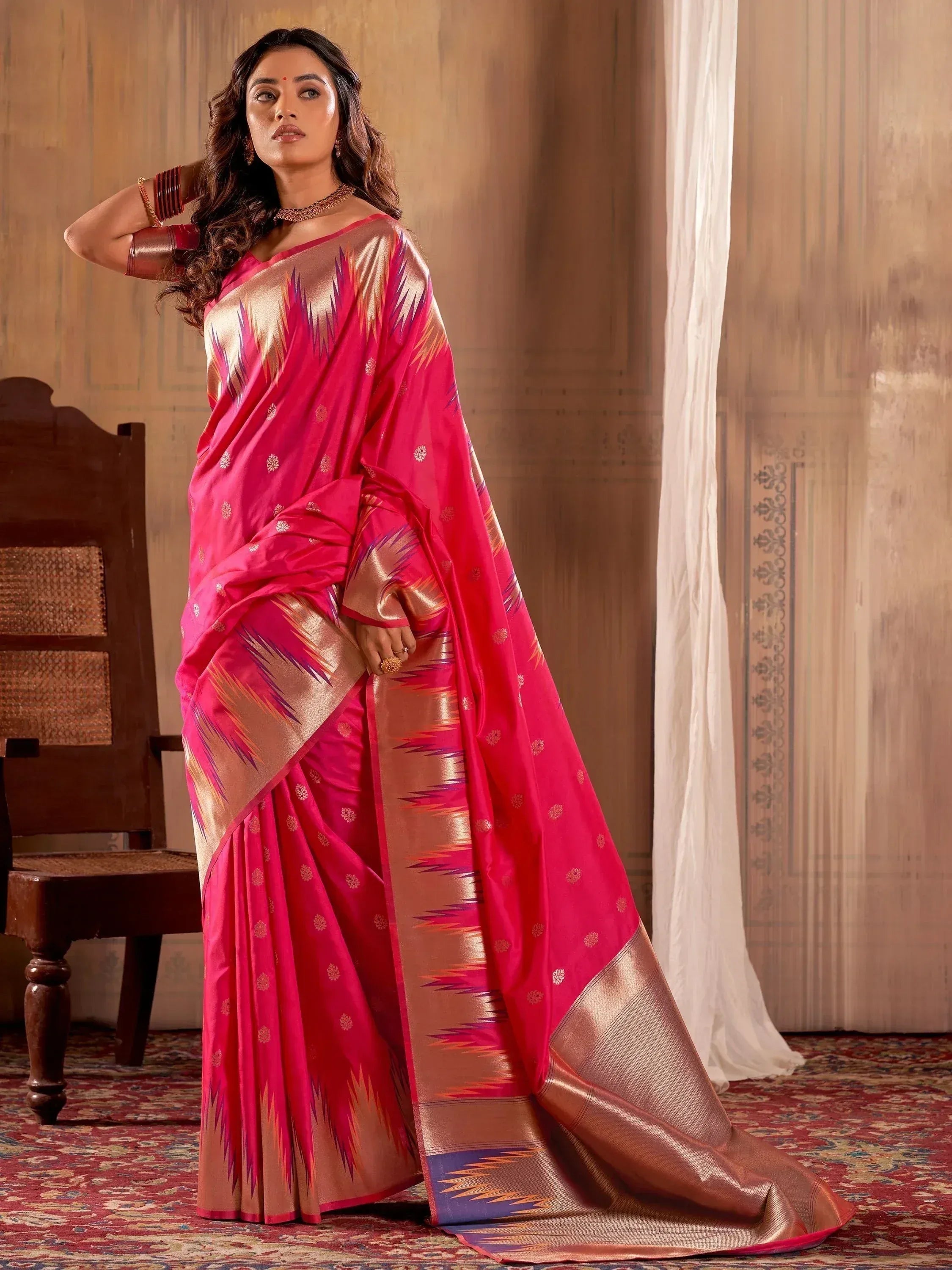 Pink and gold designer saree with ikat border, ethnic wear for women
