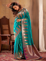 Captivating Teal Green Zari Weaving Banarasi Silk Saree With Blouse