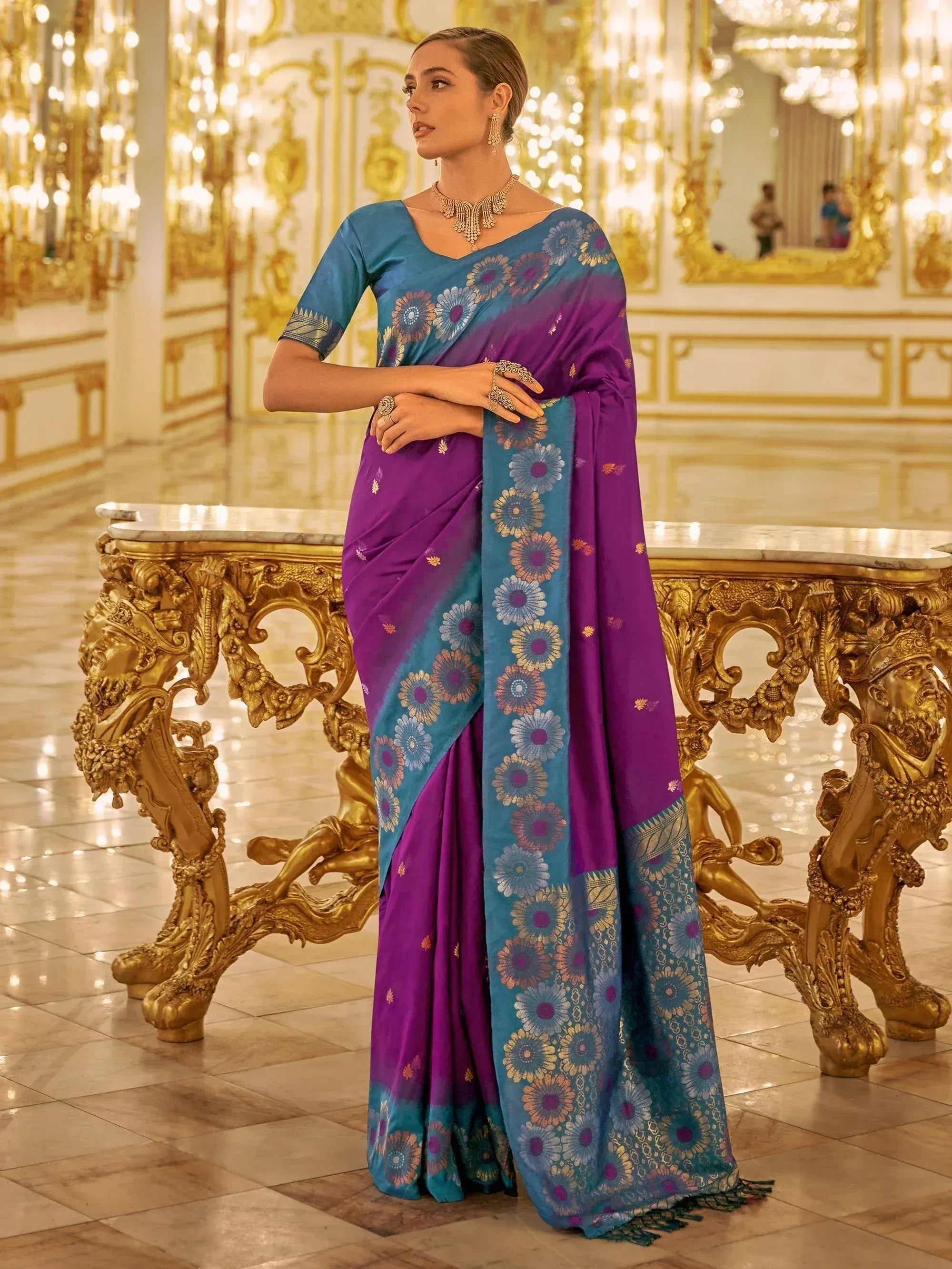 Purple and teal floral saree with designer blouse, elegant Indian ethnic wear for festive occasions