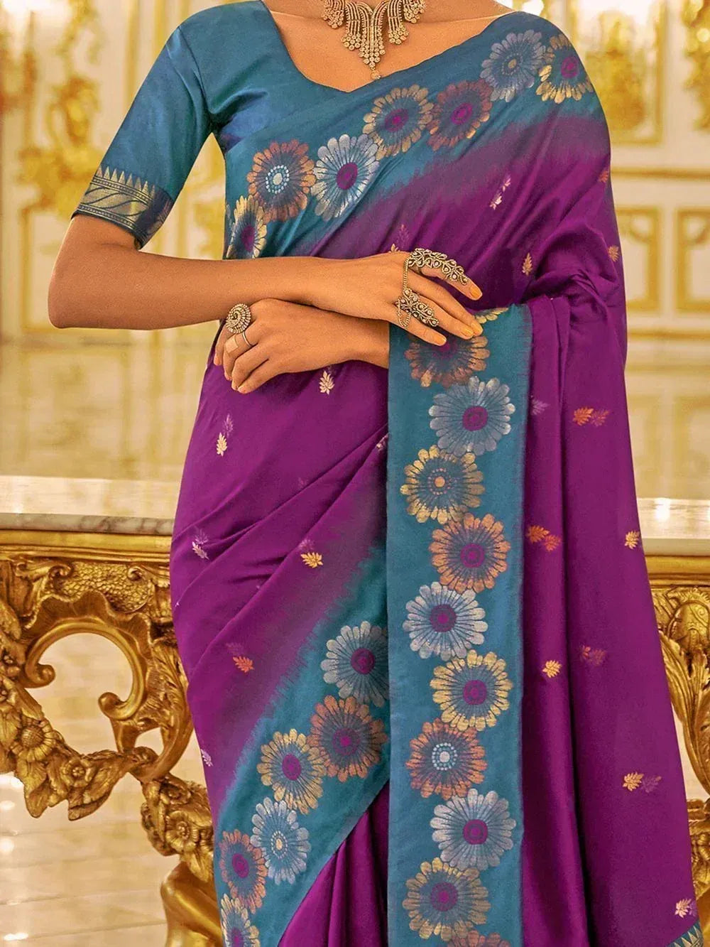 Purple and teal floral saree with designer blouse, perfect for Indian ethnic occasions