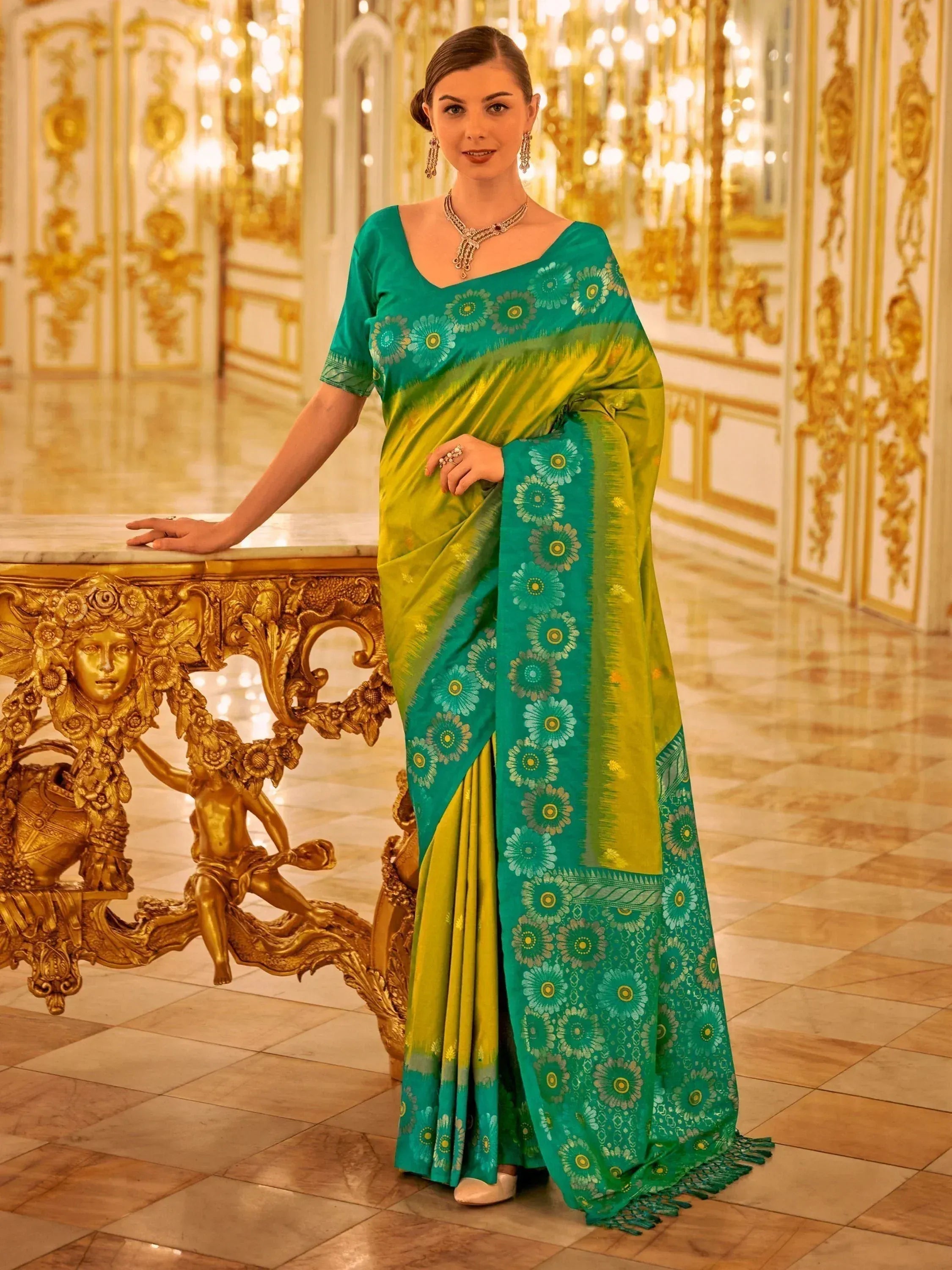 Elegant green and lime floral saree with designer blouse, perfect for Indian ethnic occasions.