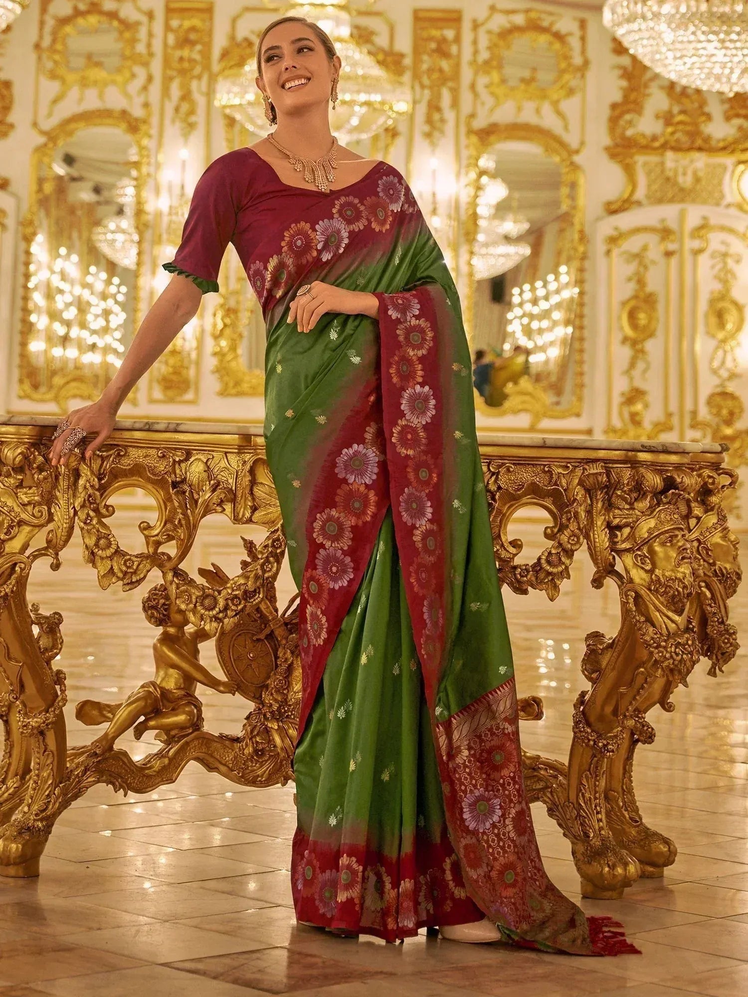 Green and maroon floral saree with designer blouse, perfect for Indian ethnic occasions and festive wear.