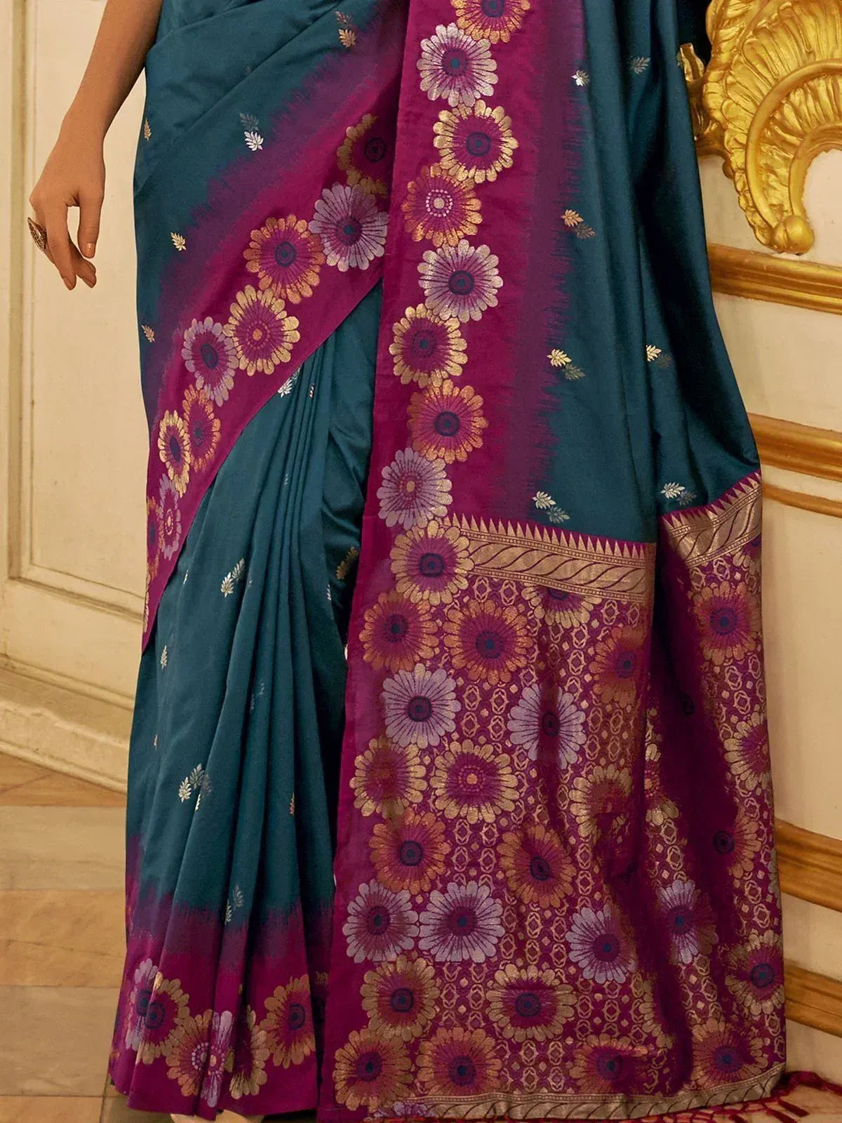 Teal and magenta floral saree with gold embroidery, elegant Indian ethnic wear for women