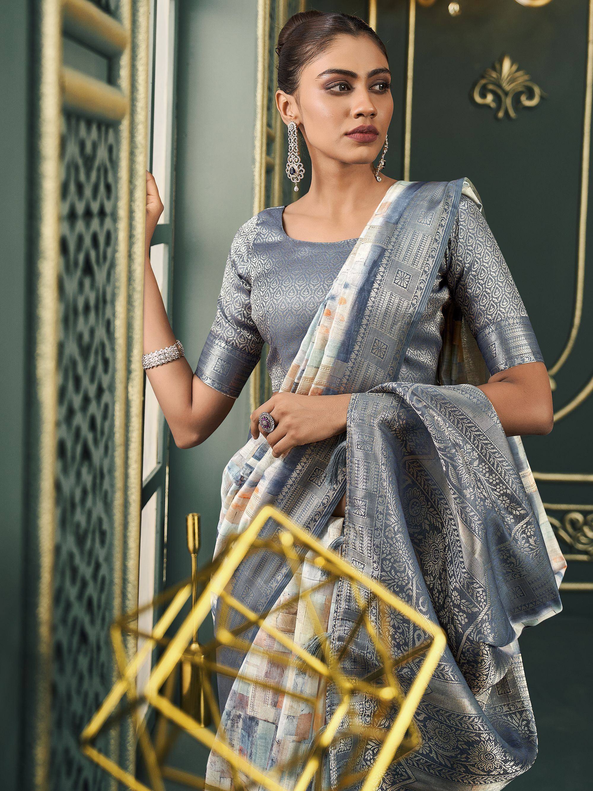 Elegant blue printed saree with blouse, perfect for Indian ethnic wear occasions