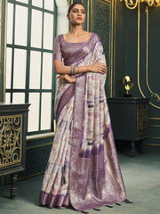 Awesome Off-White & Mauve Digital Printed Cotton Event Wear Saree