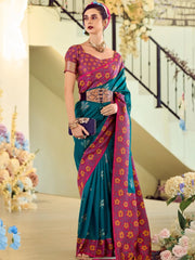 Captivating Teal Blue Floral Printed Silk Saree With Blouse
