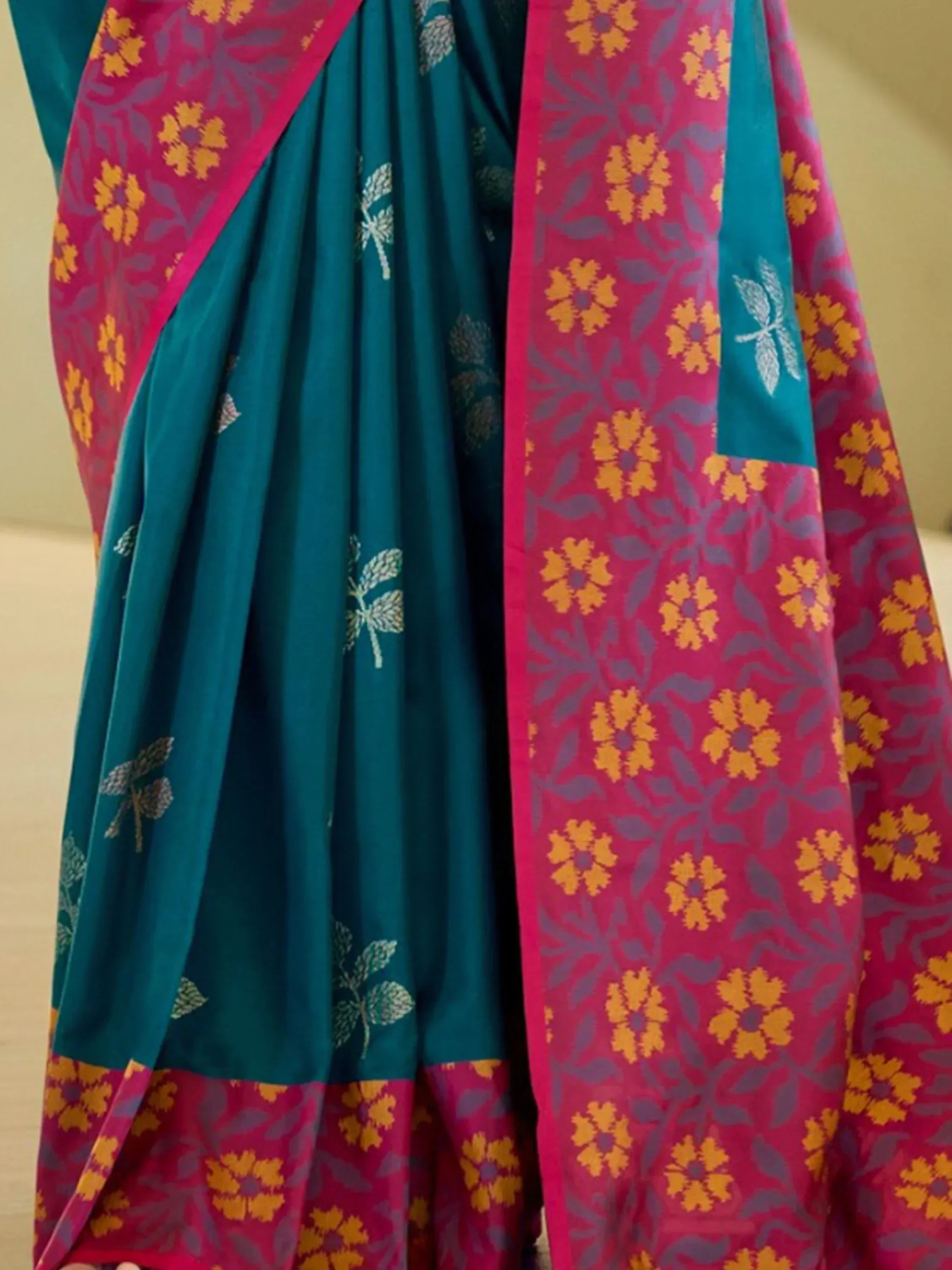 Teal and magenta floral saree with gold leaf print, Indian ethnic wear