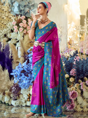 Fascinating Rani Pink Floral Printed Silk Festival Wear Saree With Blouse