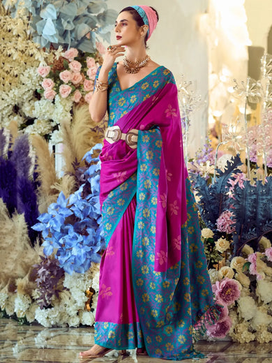 Fascinating Rani Pink Floral Printed Silk Festival Wear Saree With Blouse