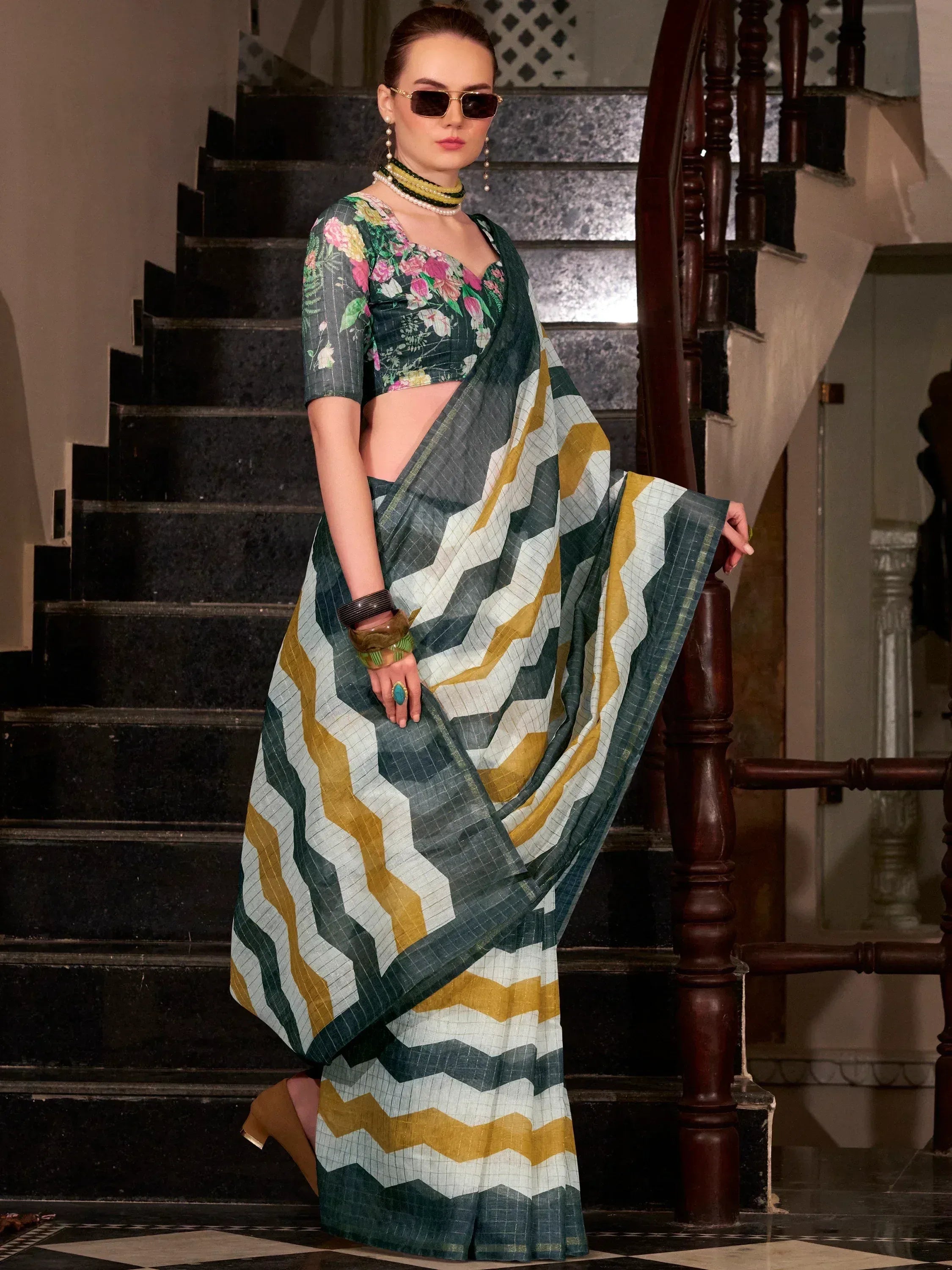 Stylish floral blouse with zigzag saree, perfect for ethnic fashion trends