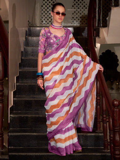 Stunning Purple Printed Cotton Office Wear Saree With Blouse