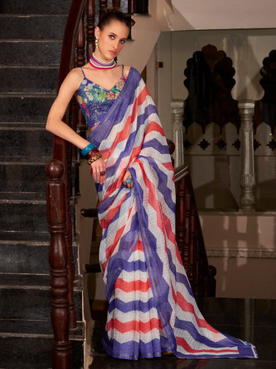 Wonderful Purple Cotton Traditional Saree With Floral Printed Blouse