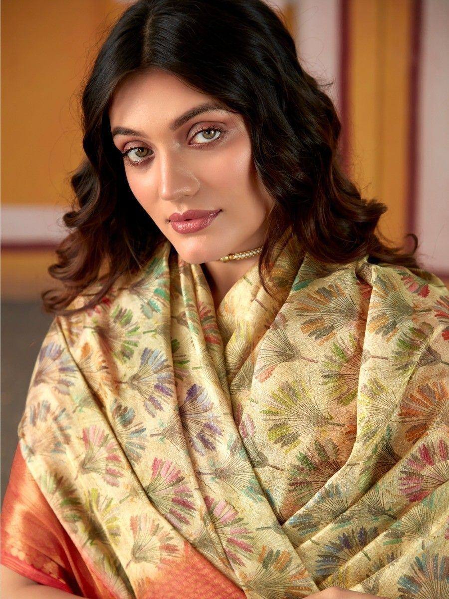 Woman in elegant floral print saree with golden hues, perfect for Indian ethnic occasions