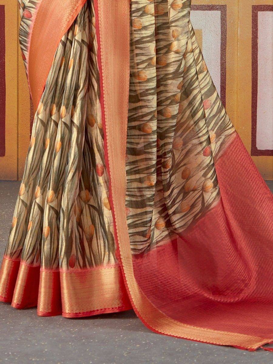 Floral print saree with orange border, ethnic Indian wear for women