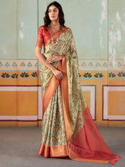 Attractive Beige Digital Printed Silk Traditional Saree With Blouse